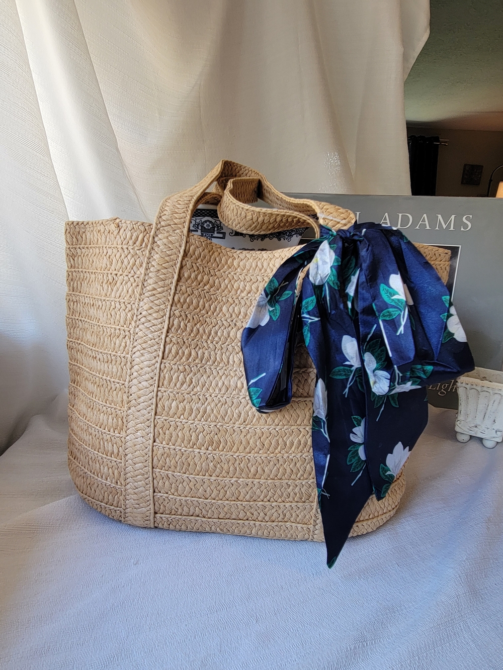 Draper James Straw Tote with Navy Floral Scarf